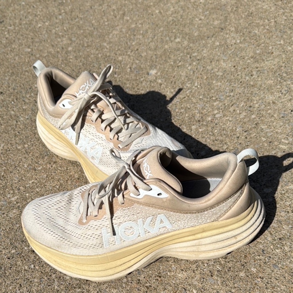 Hoka Bondi 8 Women's Cream and Tan Running or Walking Shoes 8